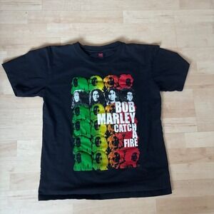 Bob Marley Catch a Fire Graphic T Shirt Men's Size L Black Reggae Music Tee
